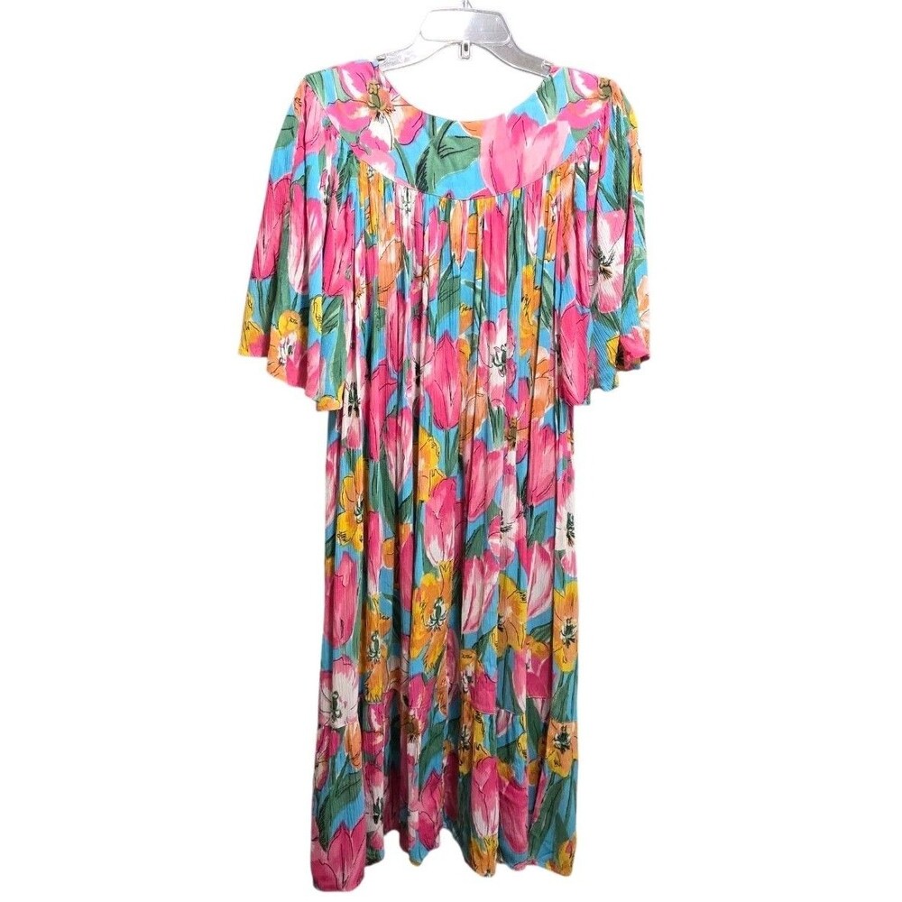 Go Softly Patio Dress Women's XL Colorful Tropical Rayon Pocket Pullover Midi - Picture 3 of 9